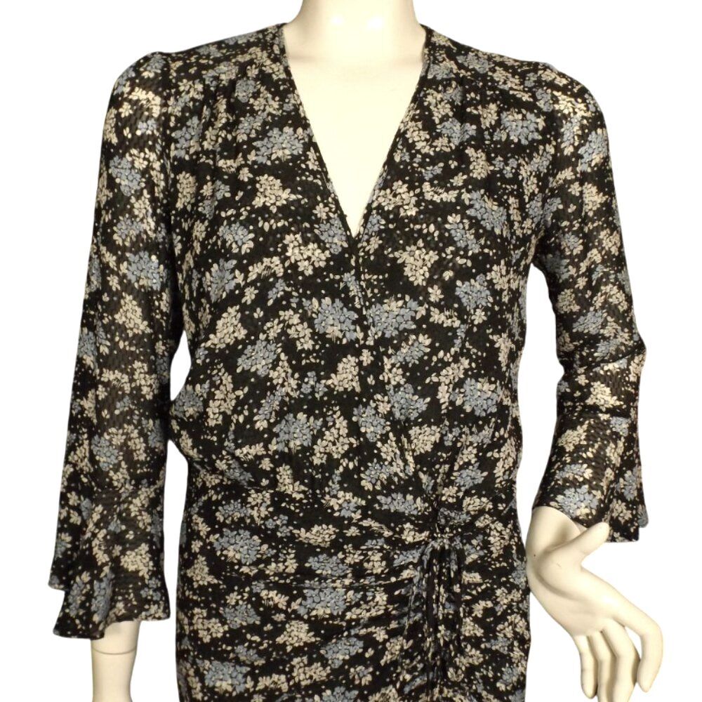 VERONICA BEARD Silk Dress, 6, Black/Floral, Semi-sheer, Mini/Short, 3/4 sleeves - Picture 2 of 15